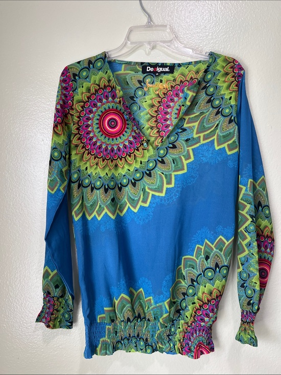 Desigual Tops - Desigual Turquoise Blue Multicolor Medallion V-Neck Blouse